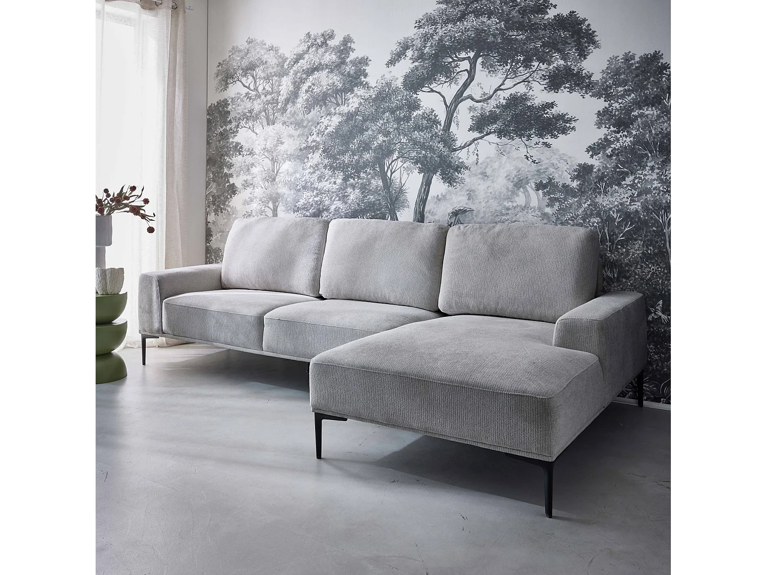Divano a 3 posti in tessuto e metallo, angolo destro, grigio chiaro