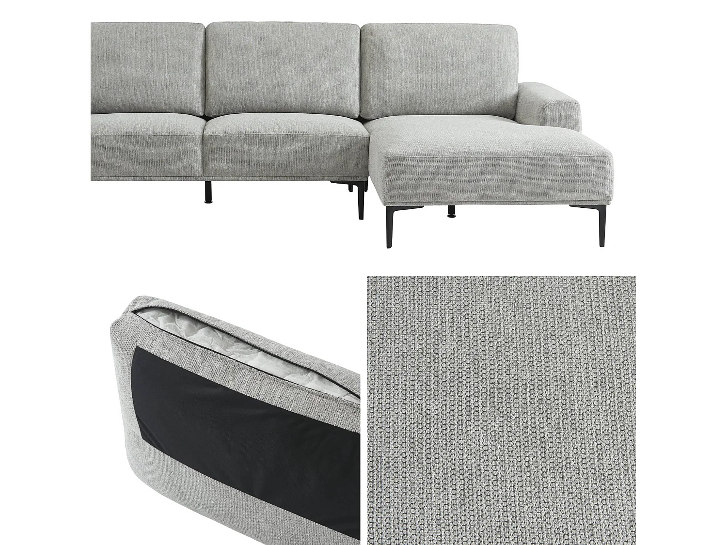 Divano a 3 posti in tessuto e metallo, angolo destro, grigio chiaro