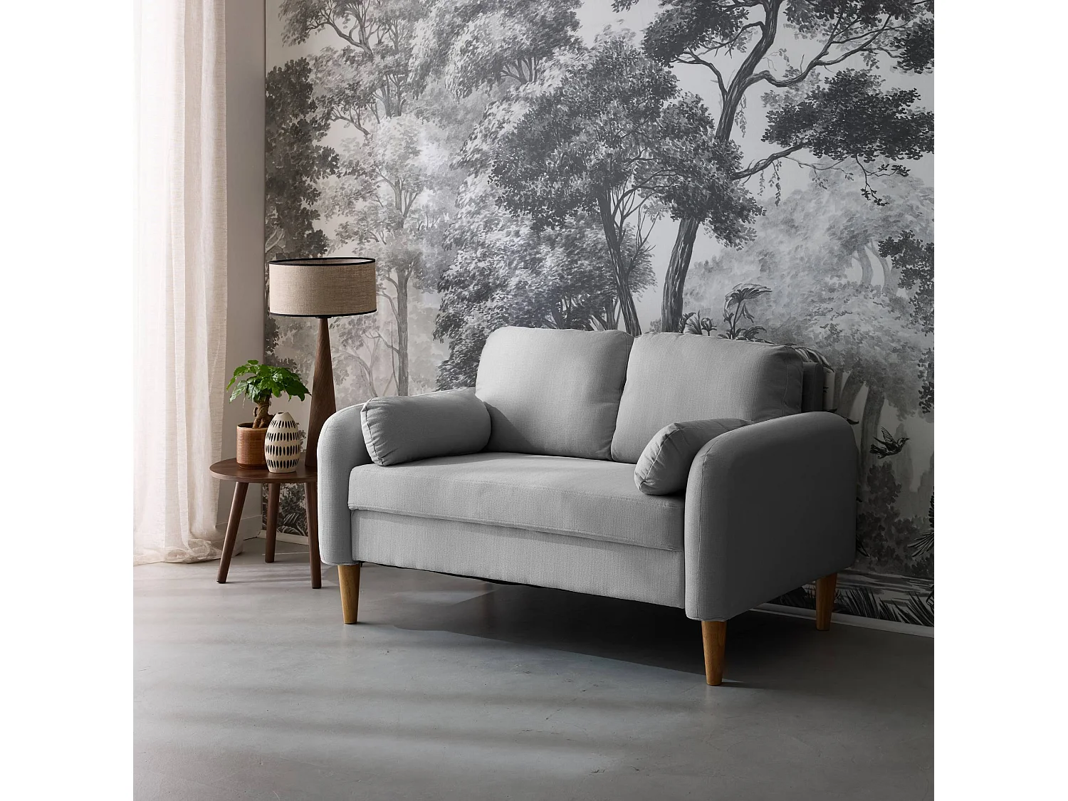 Sofá redondo escandinavo en tela, 2 plazas gris claro