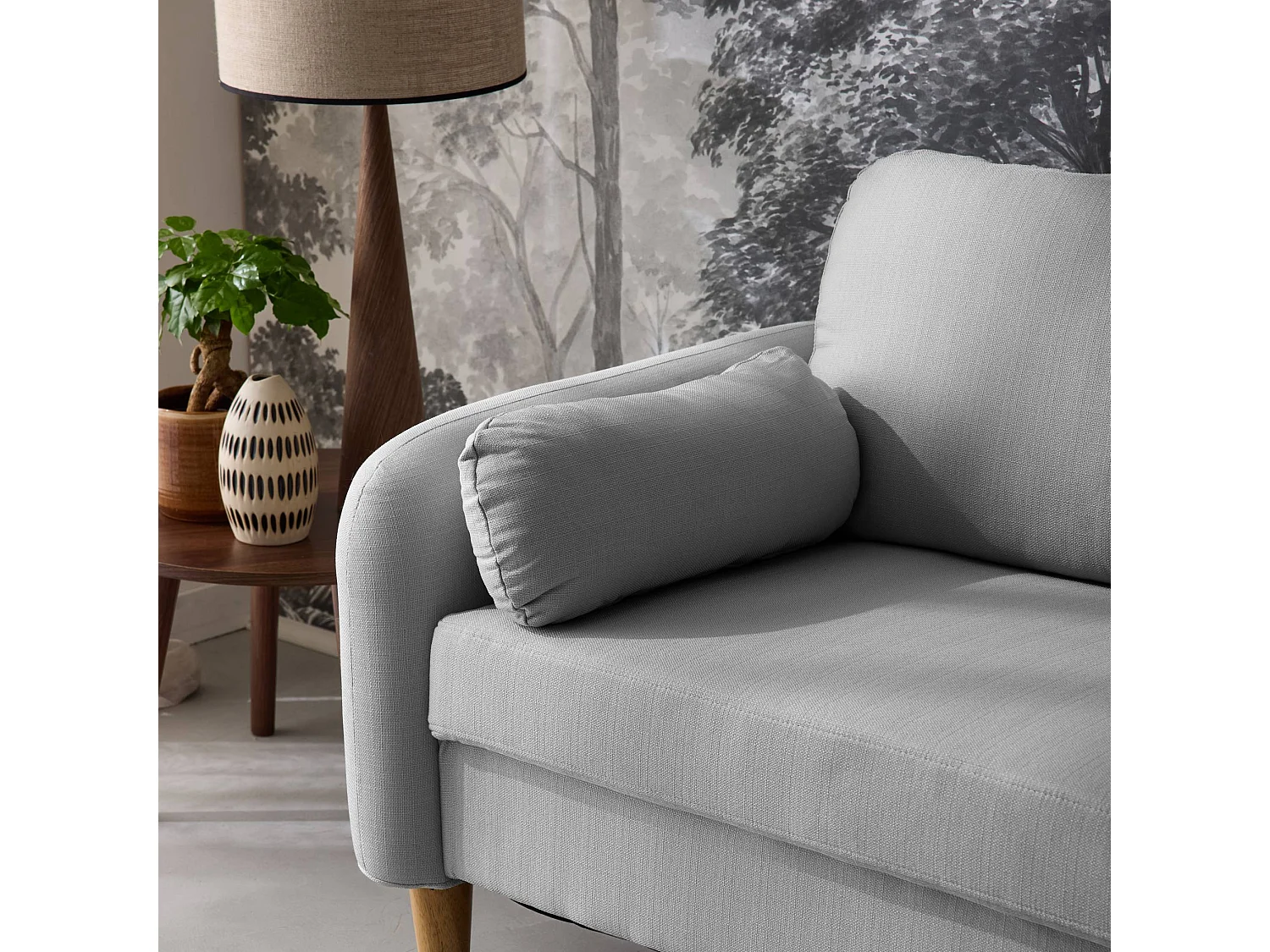 Sofá redondo escandinavo en tela, 2 plazas gris claro