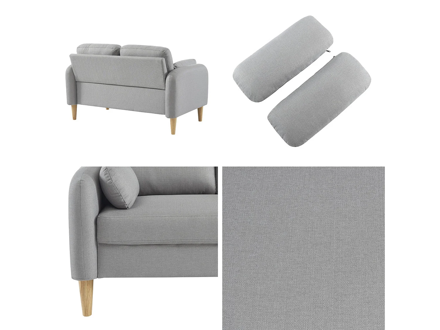 Sofá redondo escandinavo en tela, 2 plazas gris claro