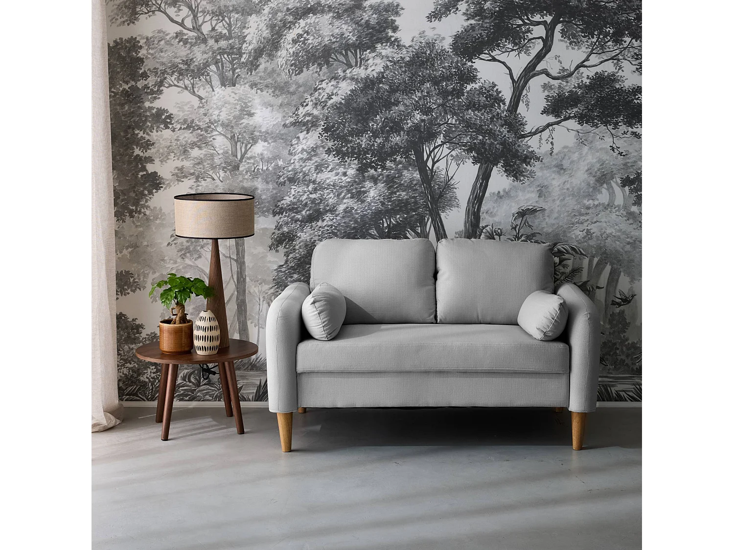 Sofá redondo escandinavo en tela, 2 plazas gris claro