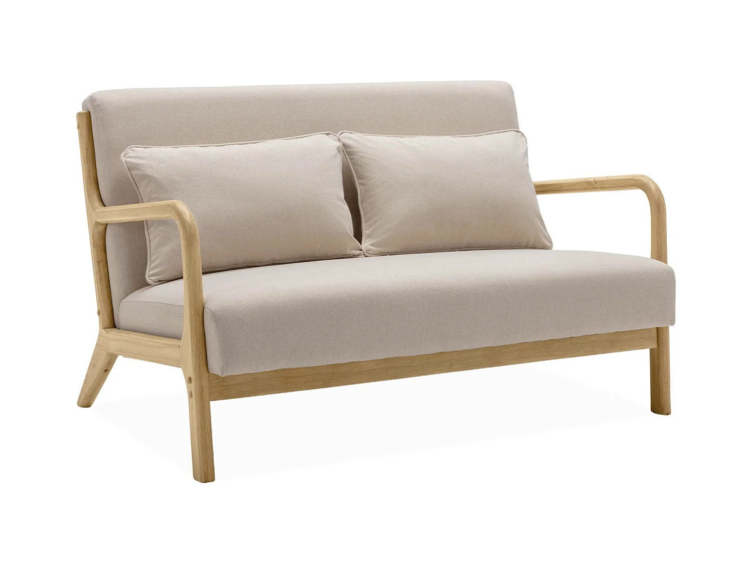 Banquette 2 places scandinave en bois et tissu beige. Lorens. L 124 x P 83 x H 77cm