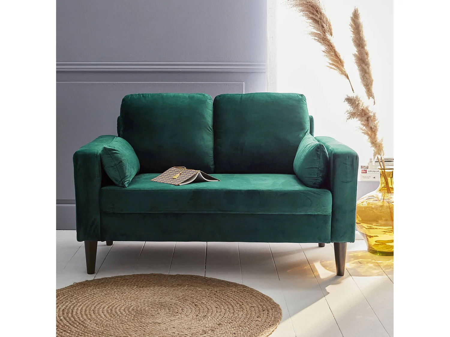 Divano in velluto vintage a 2 posti, verde inglese