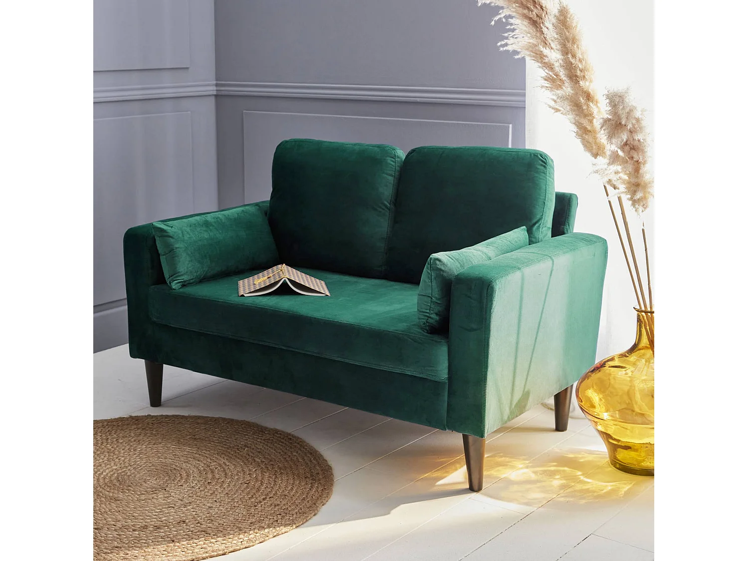 Divano in velluto vintage a 2 posti, verde inglese