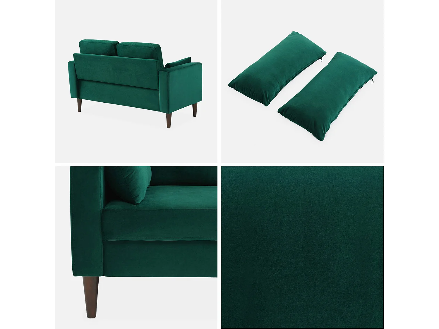 Canapé en velours vert anglais - Bjorn - Canapé 2 places fixe droit pieds bois d'hévéa effet bois de noyer