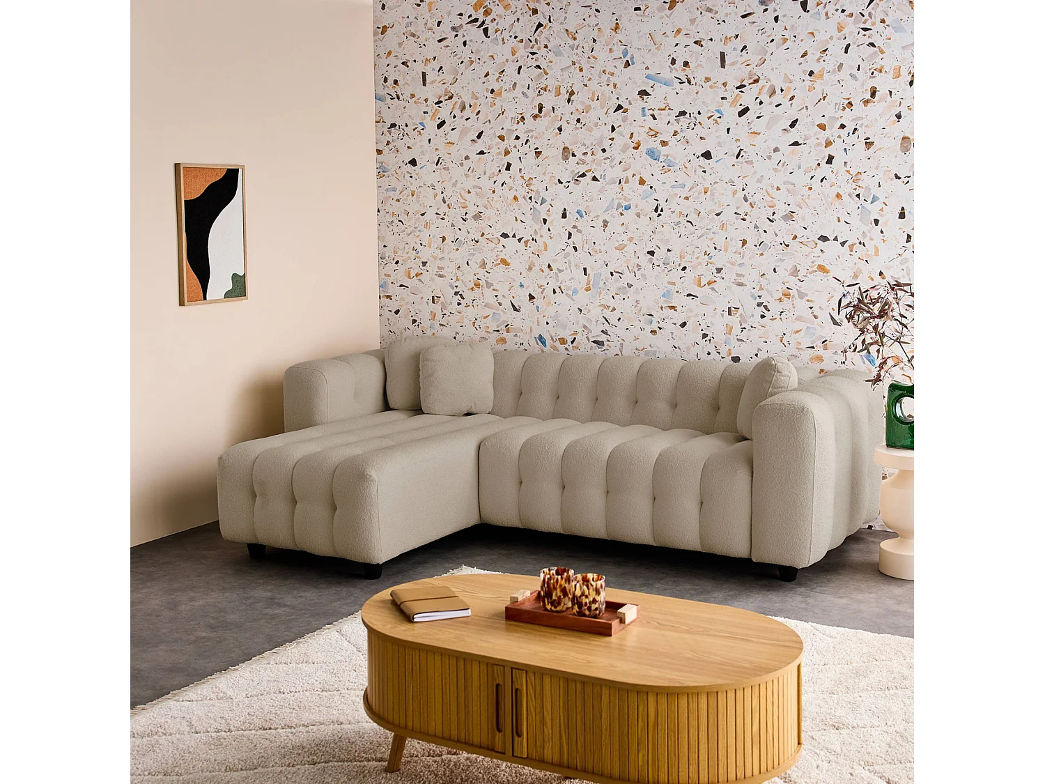 Canapé d'angle réversible 3-4 places bouclette texturée. beige. capitonné structure bois d'eucalyptus et contreplaqué