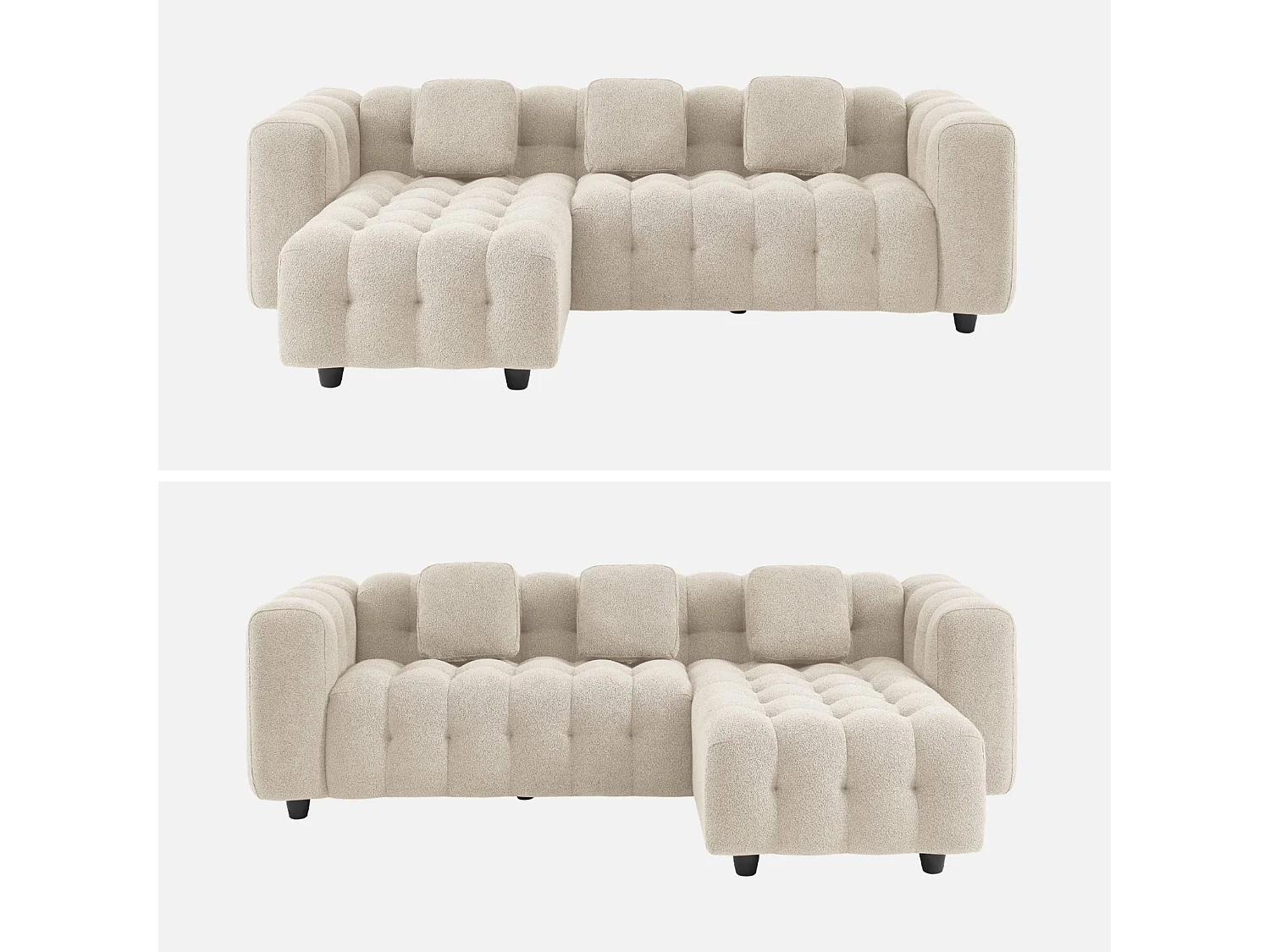 Canapé d'angle réversible 3-4 places bouclette texturée. beige. capitonné structure bois d'eucalyptus et contreplaqué