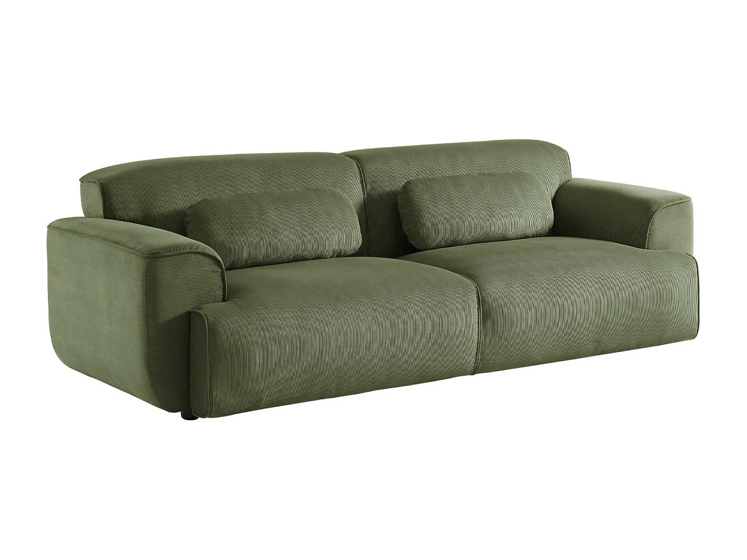 Canapé 3 places. tissu velours côtelé vert. 2 coussins déhoussables. Wallas  L 230 x P 98 x H 73cm