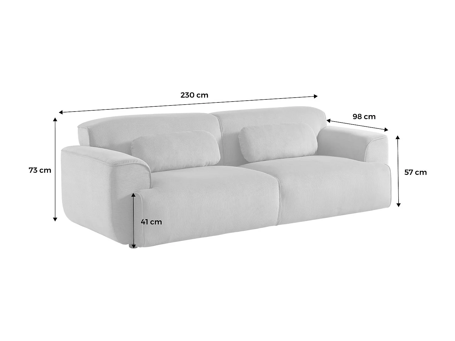 Canapé 3 places. tissu velours côtelé vert. 2 coussins déhoussables. Wallas  L 230 x P 98 x H 73cm