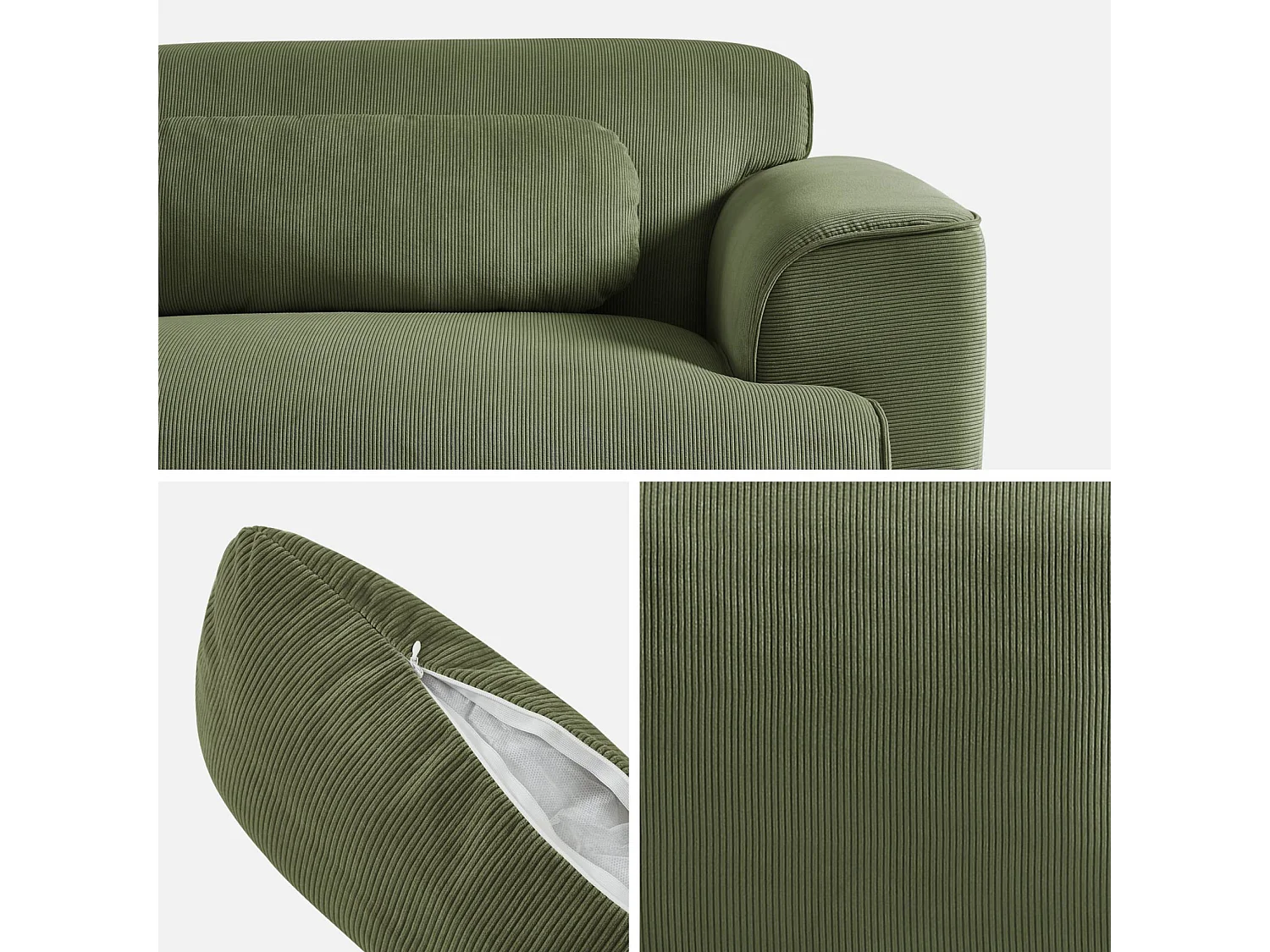 Canapé 3 places. tissu velours côtelé vert. 2 coussins déhoussables. Wallas  L 230 x P 98 x H 73cm