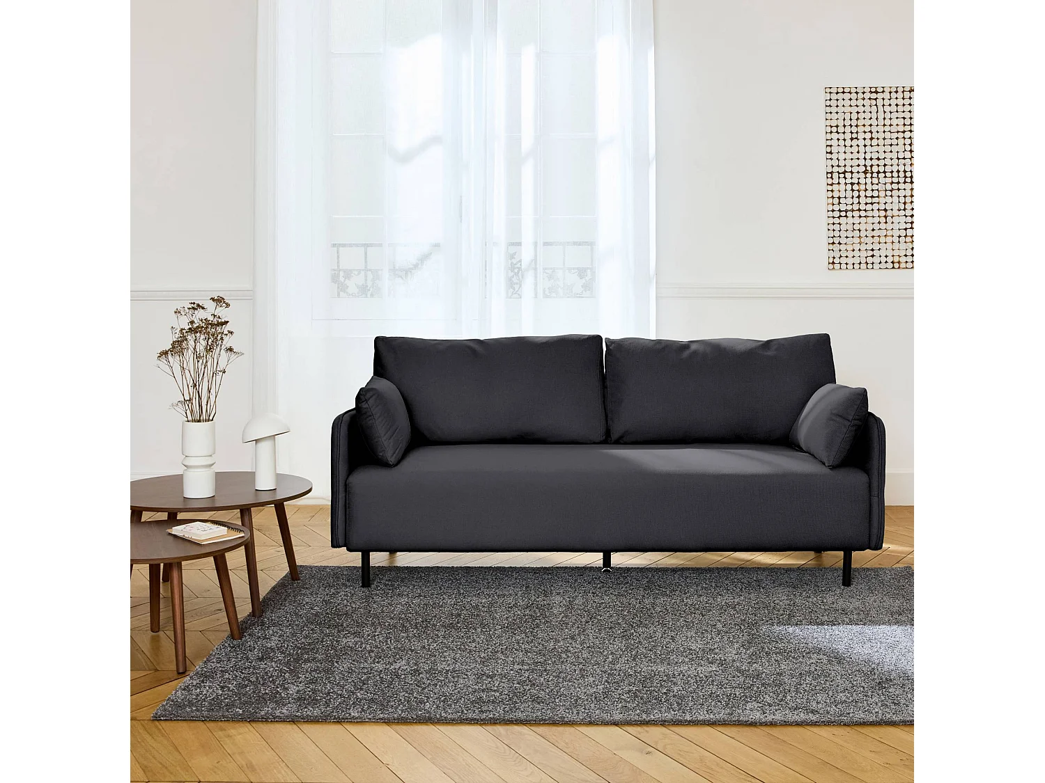 Canapé 3 places au tissu anthracite déperlant avec pieds en métal noir