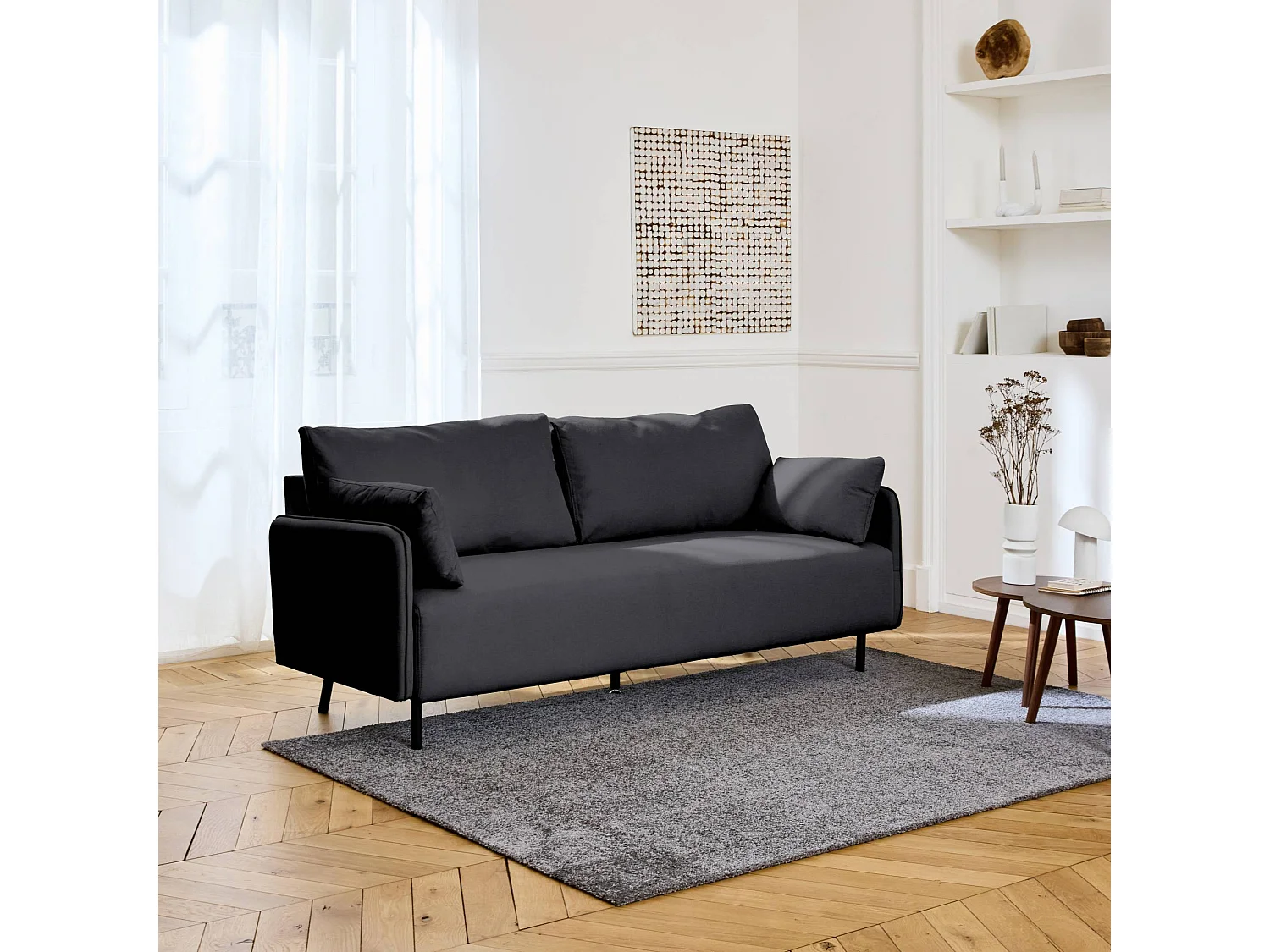 Canapé 3 places au tissu anthracite déperlant avec pieds en métal noir