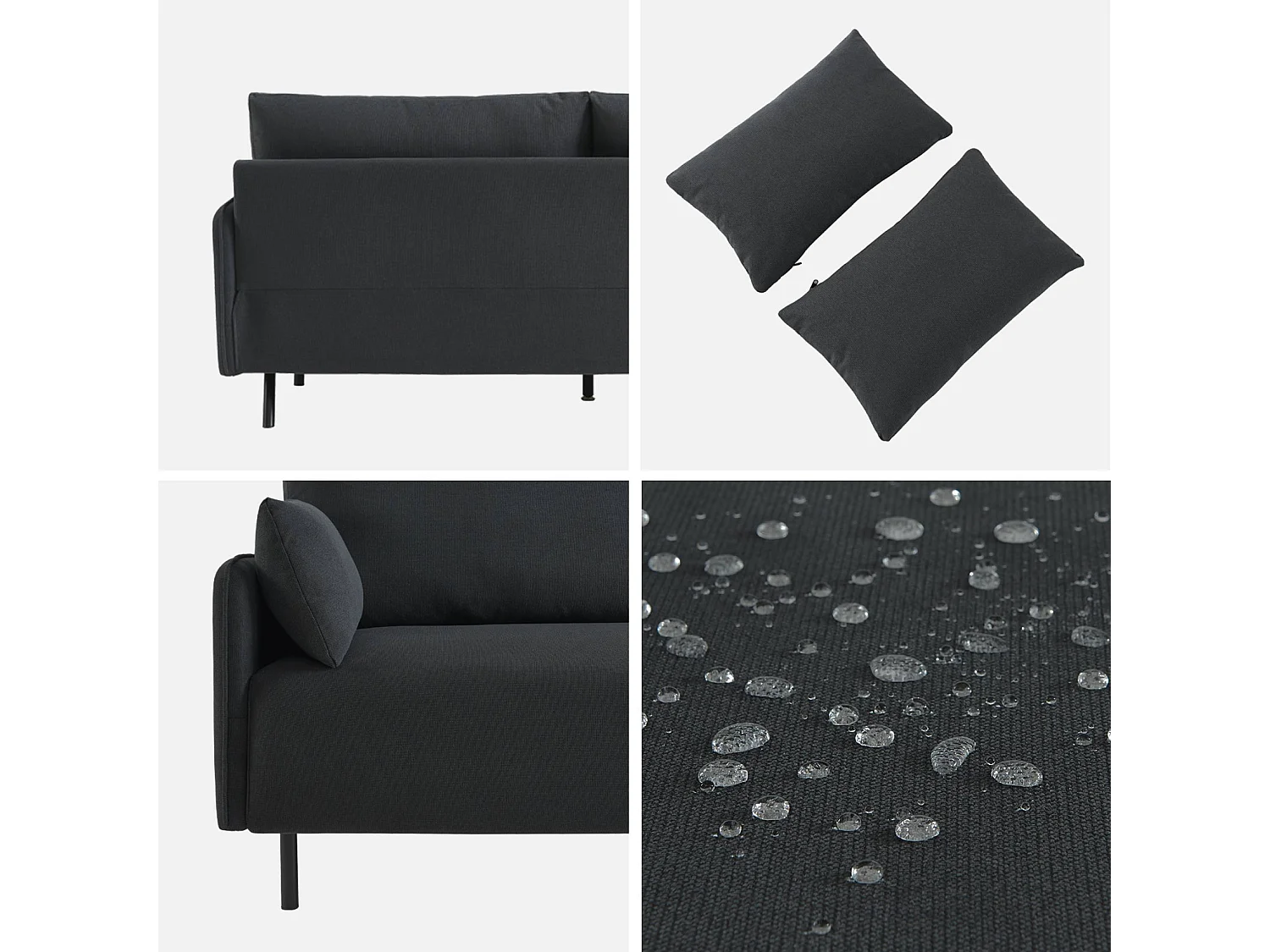 Canapé 3 places au tissu anthracite déperlant avec pieds en métal noir