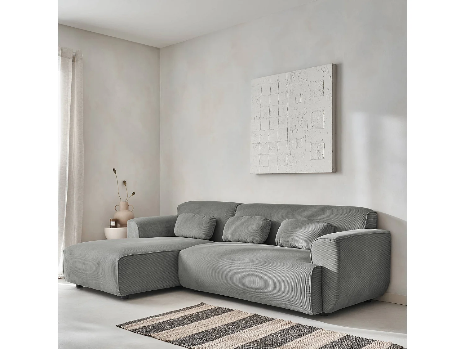 Sofá esquinero de pana de 2 a 3 plazas, esquina izquierda gris claro