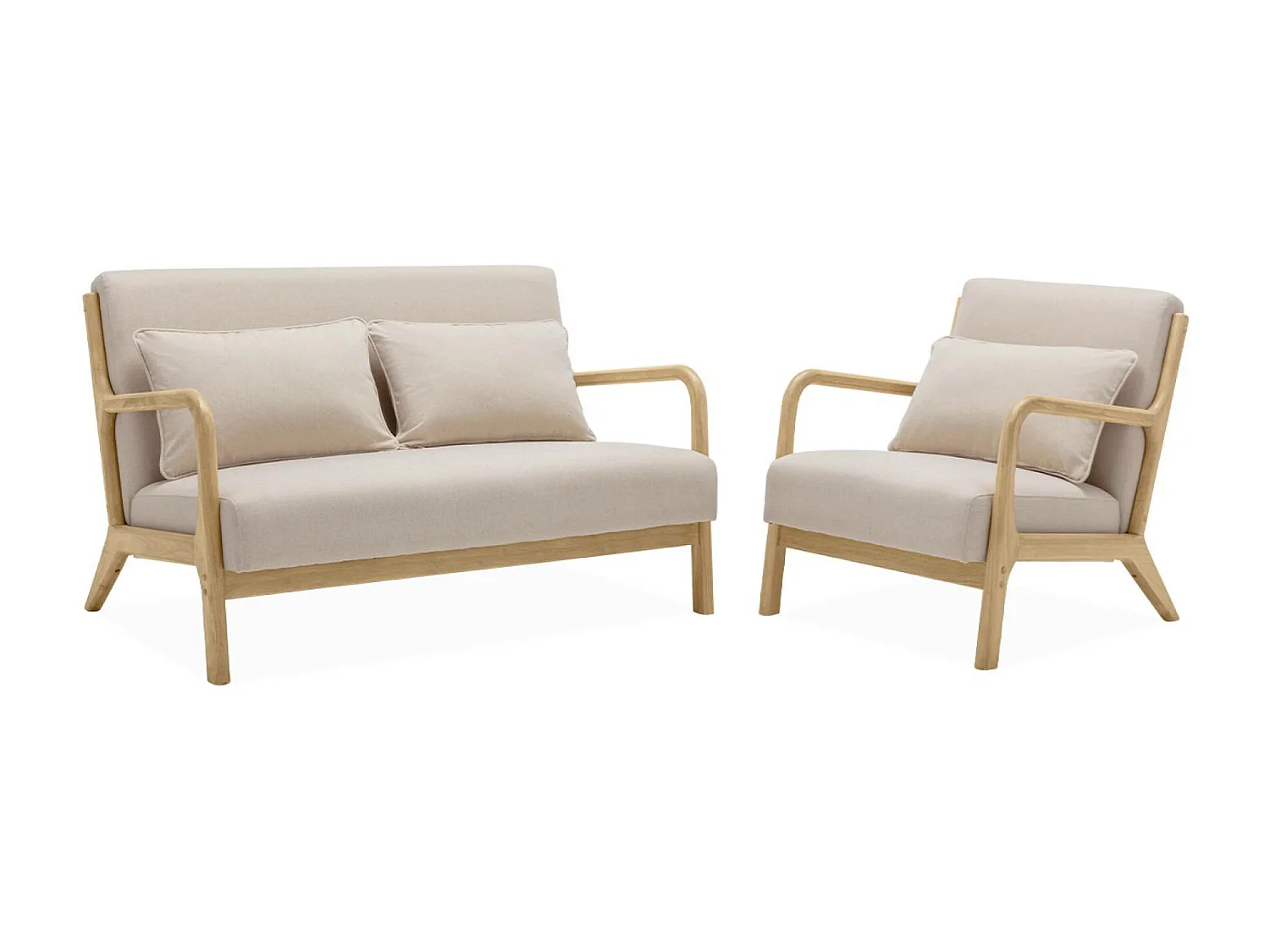 Panca scandinava a 2 posti e poltrona in legno, beige