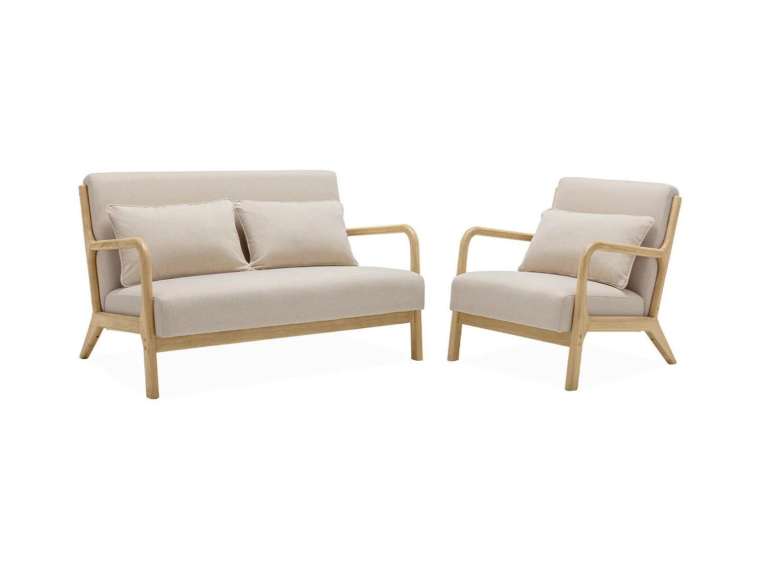 Banquette 2 places + Fauteuil en bois et tissu beige