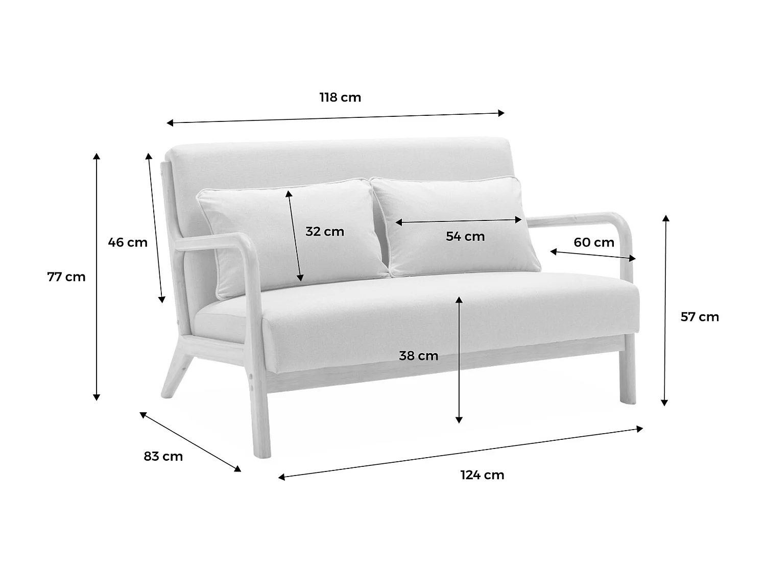 Panca scandinava a 2 posti e poltrona in legno, beige