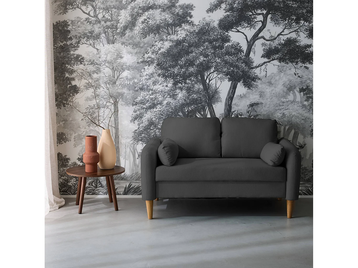 Sofá redondo escandinavo en tela, 2 plazas gris oscuro