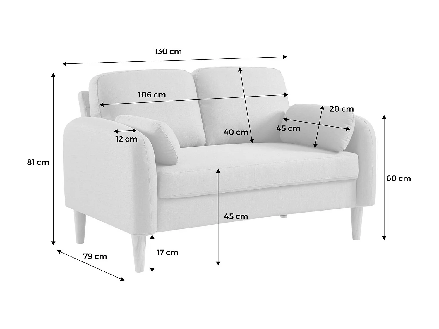 Sofá redondo escandinavo en tela, 2 plazas gris oscuro