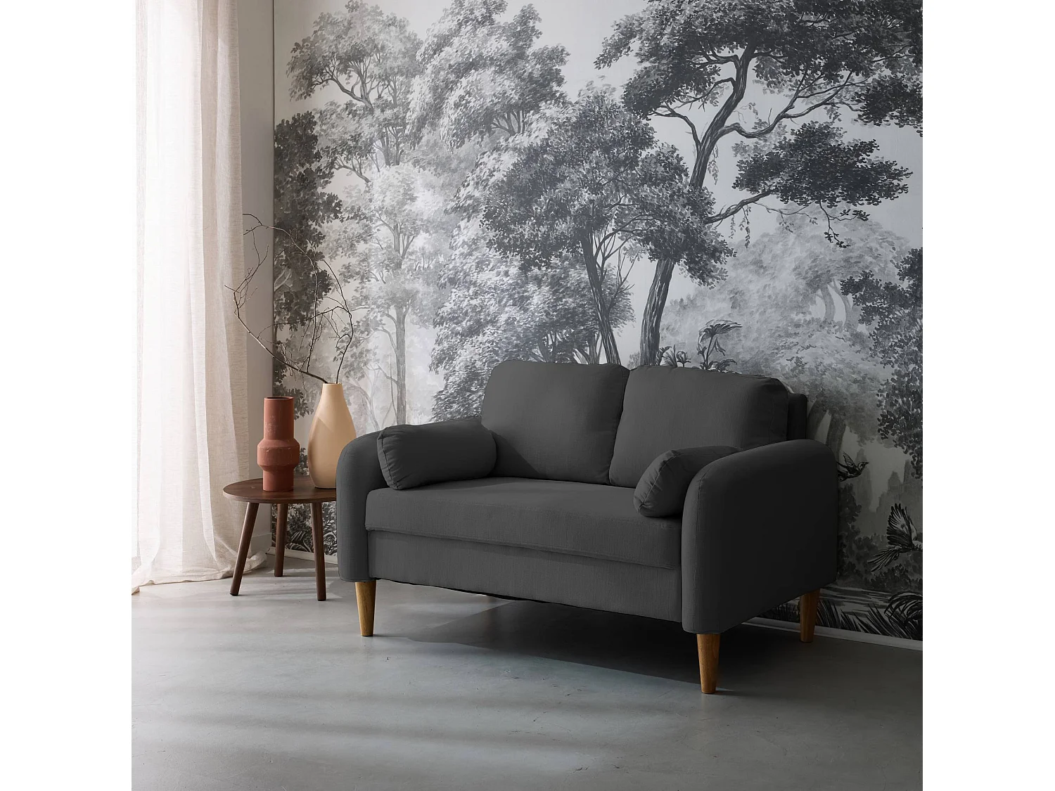 Sofá redondo escandinavo en tela, 2 plazas gris oscuro