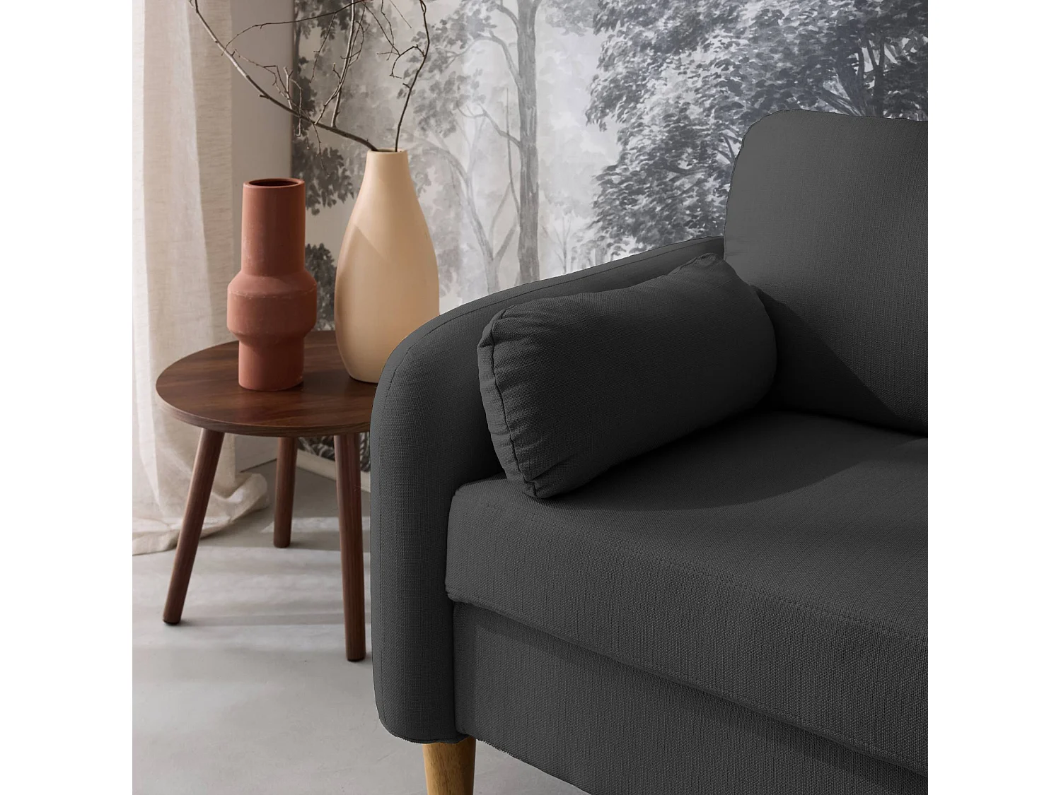 Sofá redondo escandinavo en tela, 2 plazas gris oscuro