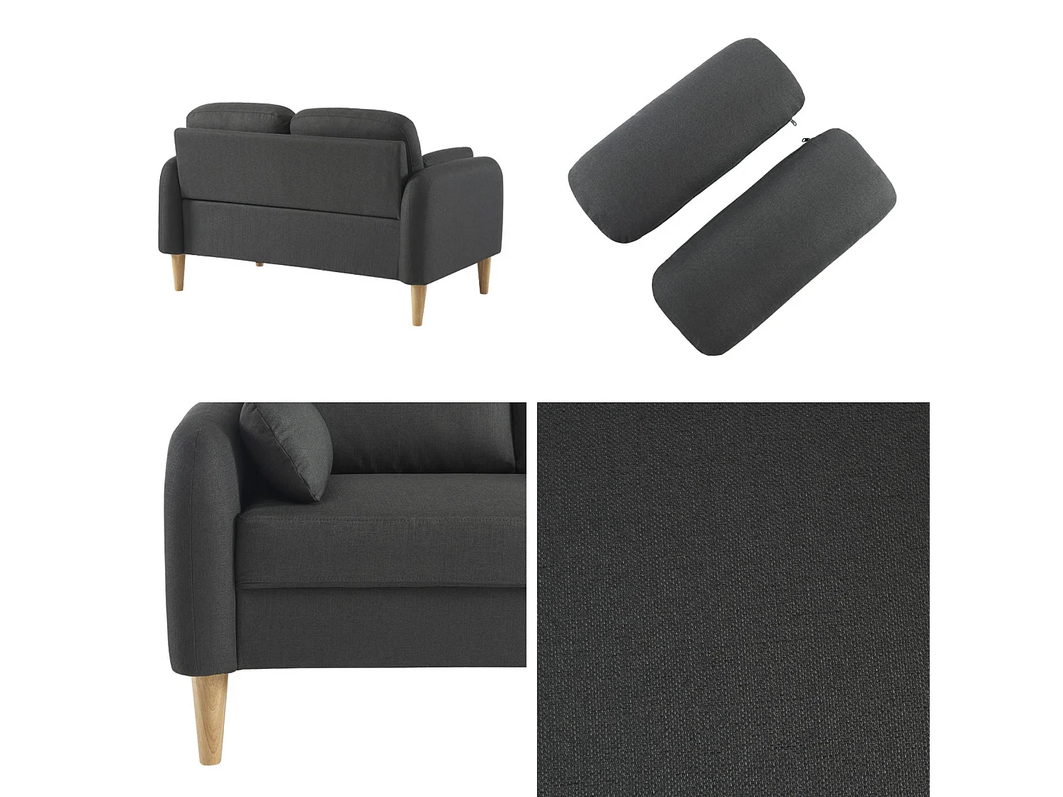 Sofá redondo escandinavo en tela, 2 plazas gris oscuro