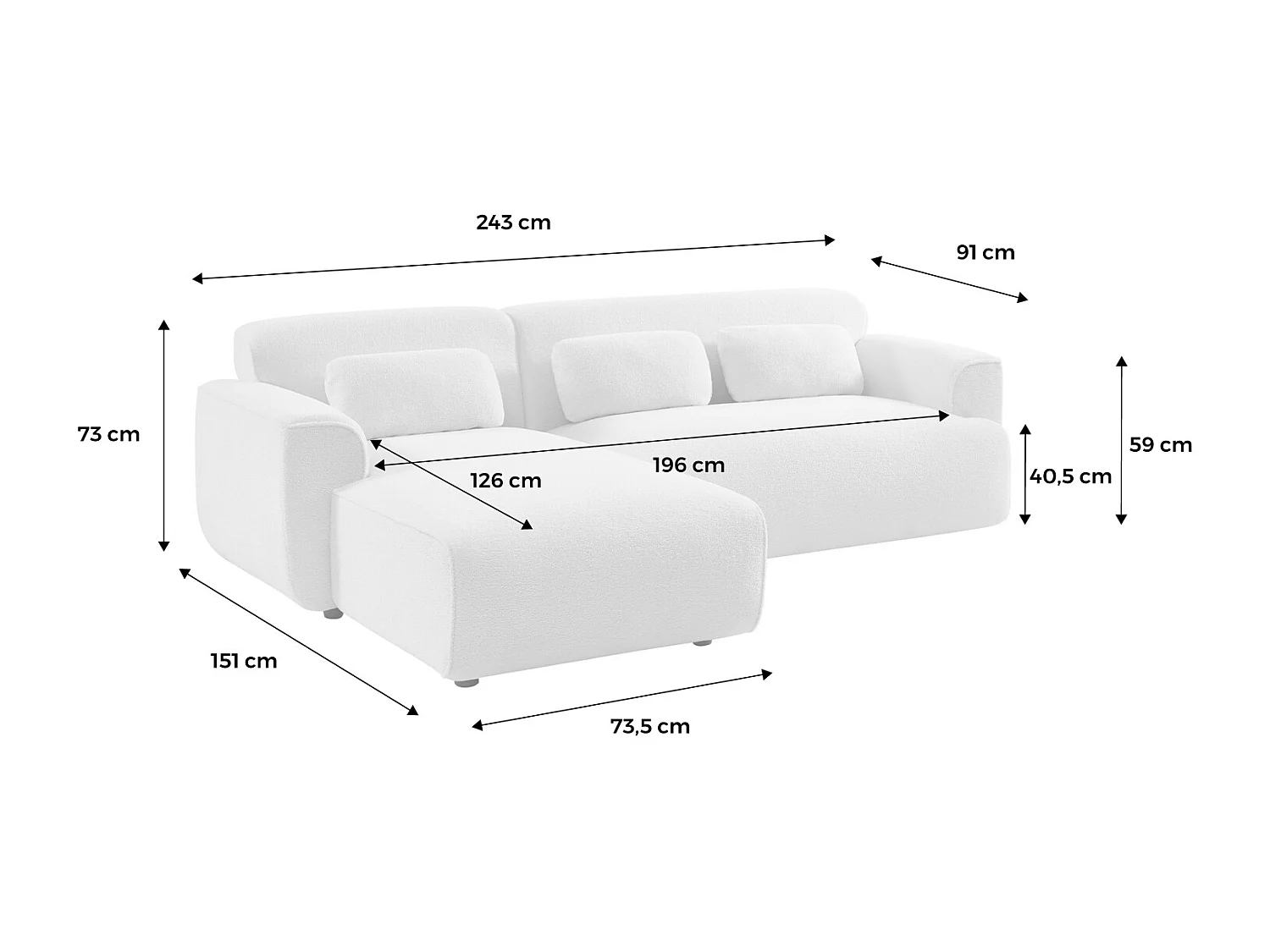 Canapé d'angle gauche. 2 à 3 places. velours côtelé gris. Wallas L 196 x P 151 / 91 / x H 73cm