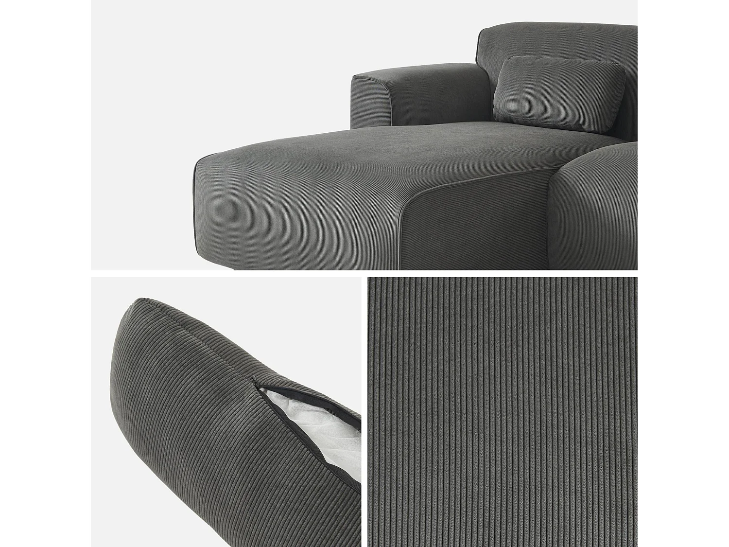 Canapé d'angle gauche. 2 à 3 places. velours côtelé gris. Wallas L 196 x P 151 / 91 / x H 73cm