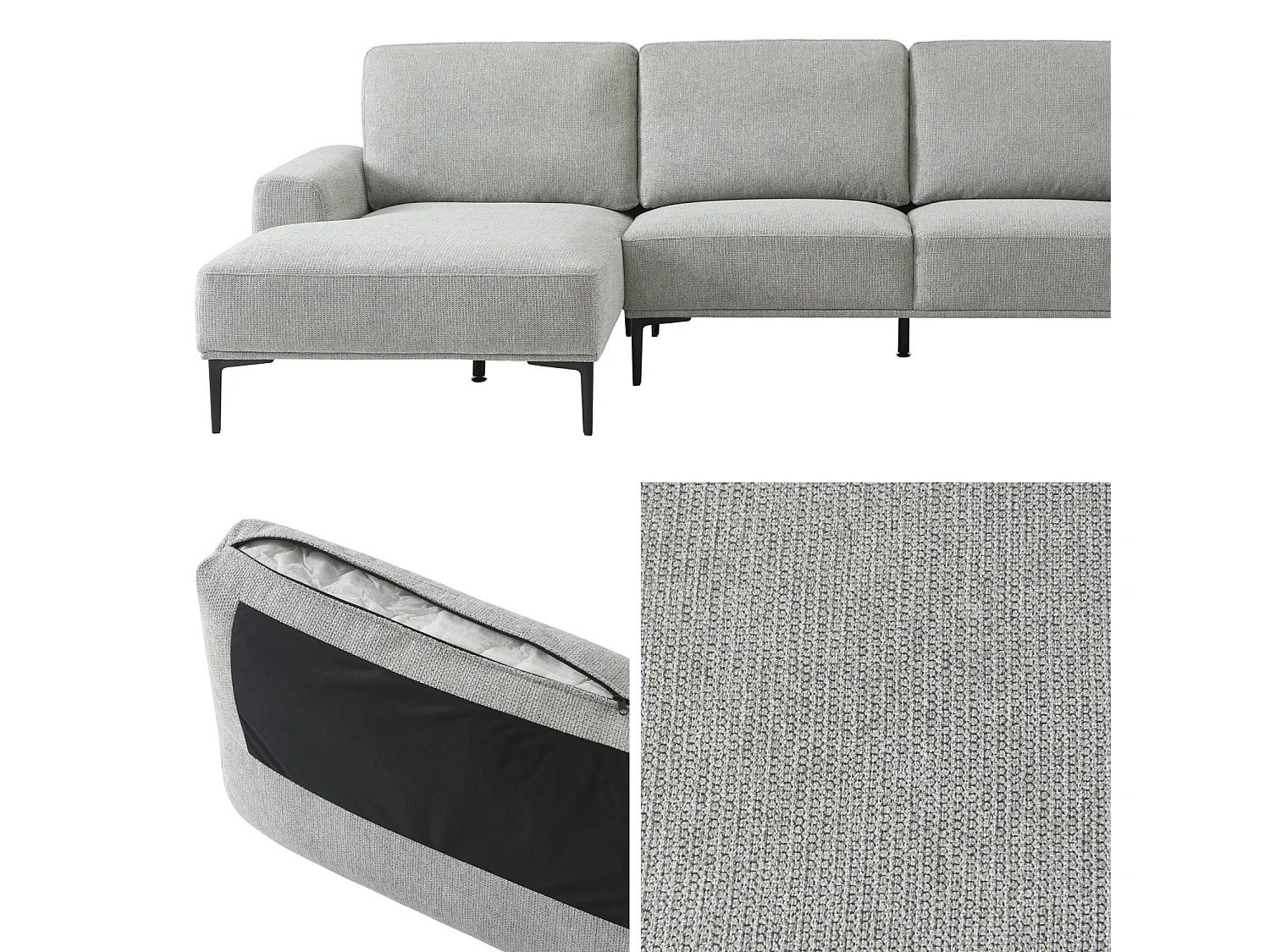 Divano a 3 posti in tessuto e metallo, angolo sinistro, grigio chiaro