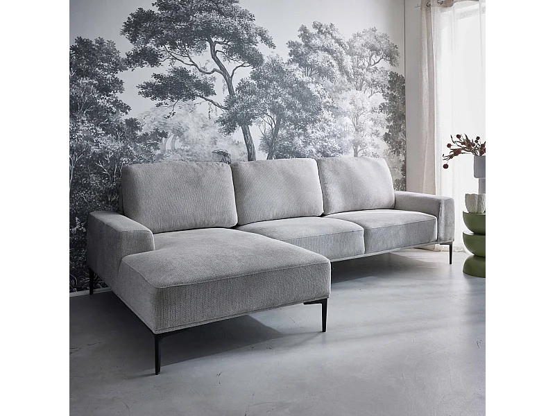 Sofá de 3 plazas de tela y metal, esquina izquierda gris claro