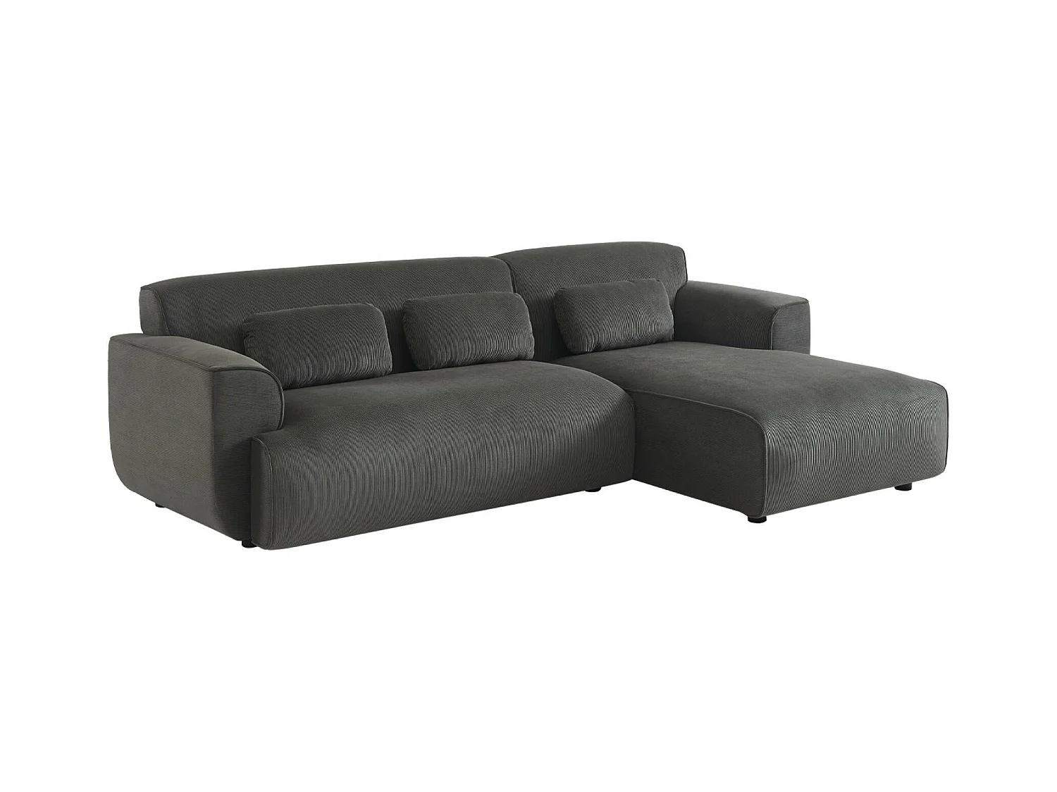 Canapé d'angle droit. 2 à 3 places. velours côtelé gris. Wallas L 196 x P 151 / 91 / x H 73cm
