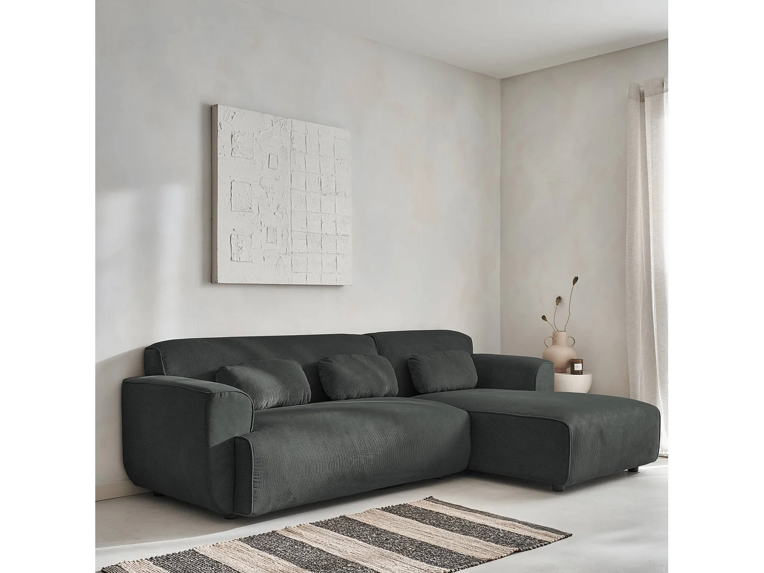 Divano angolare in velluto a coste fino da 2 a 3 posti, angolo destro,