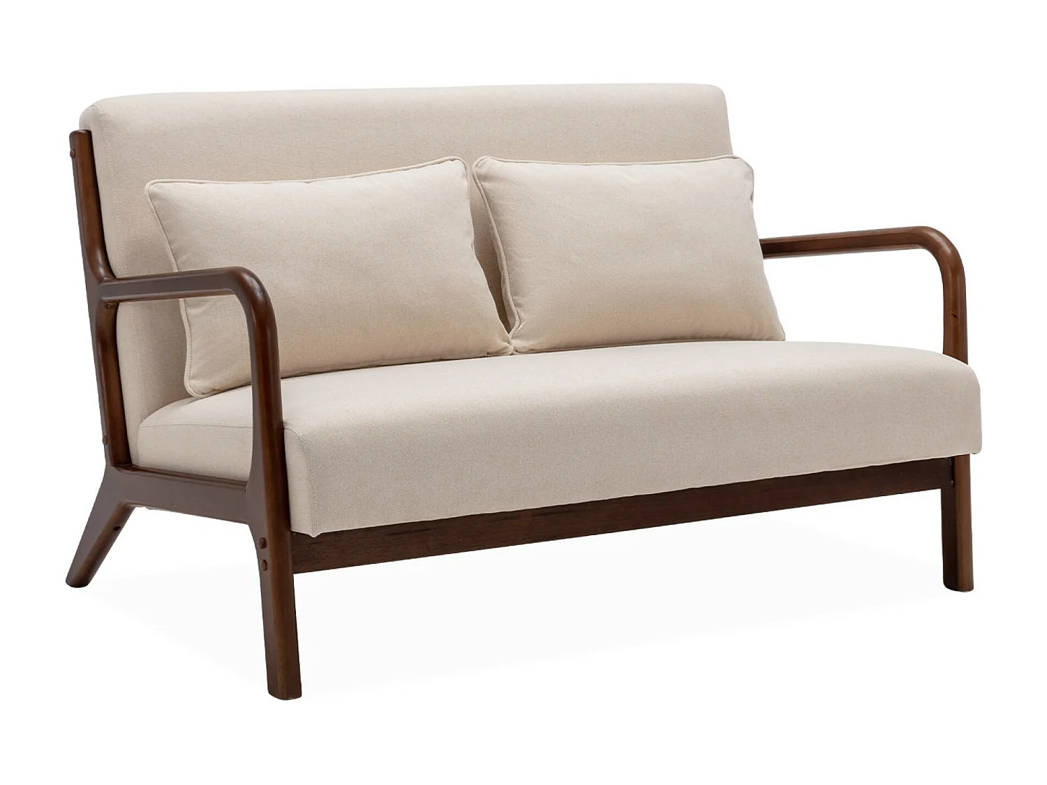 Banquette 2 places tissu beige. pieds bois d'hévéa teinté noyer clair. droit fixe. pieds compas scandinave