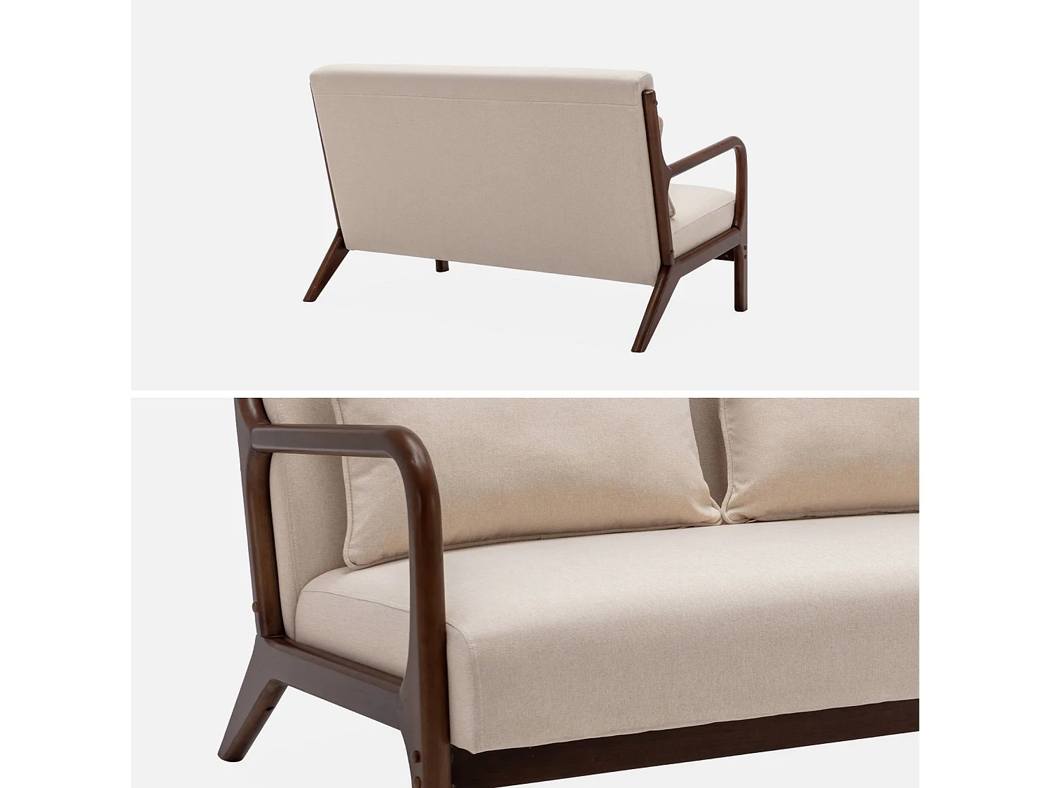 Banquette 2 places tissu beige. pieds bois d'hévéa teinté noyer clair. droit fixe. pieds compas scandinave