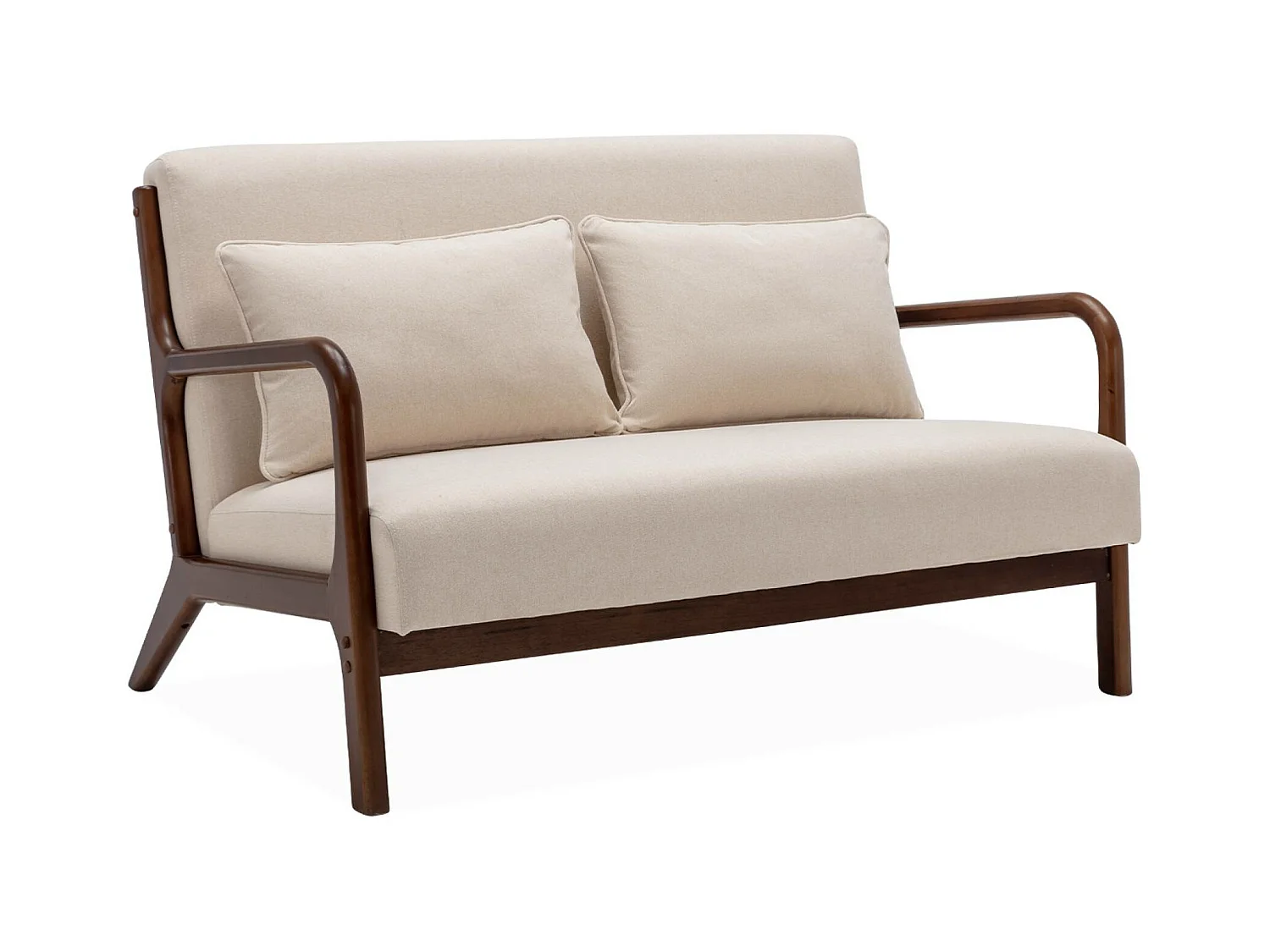 Banquette 2 places tissu beige. pieds bois d'hévéa teinté noyer clair. droit fixe. pieds compas scandinave