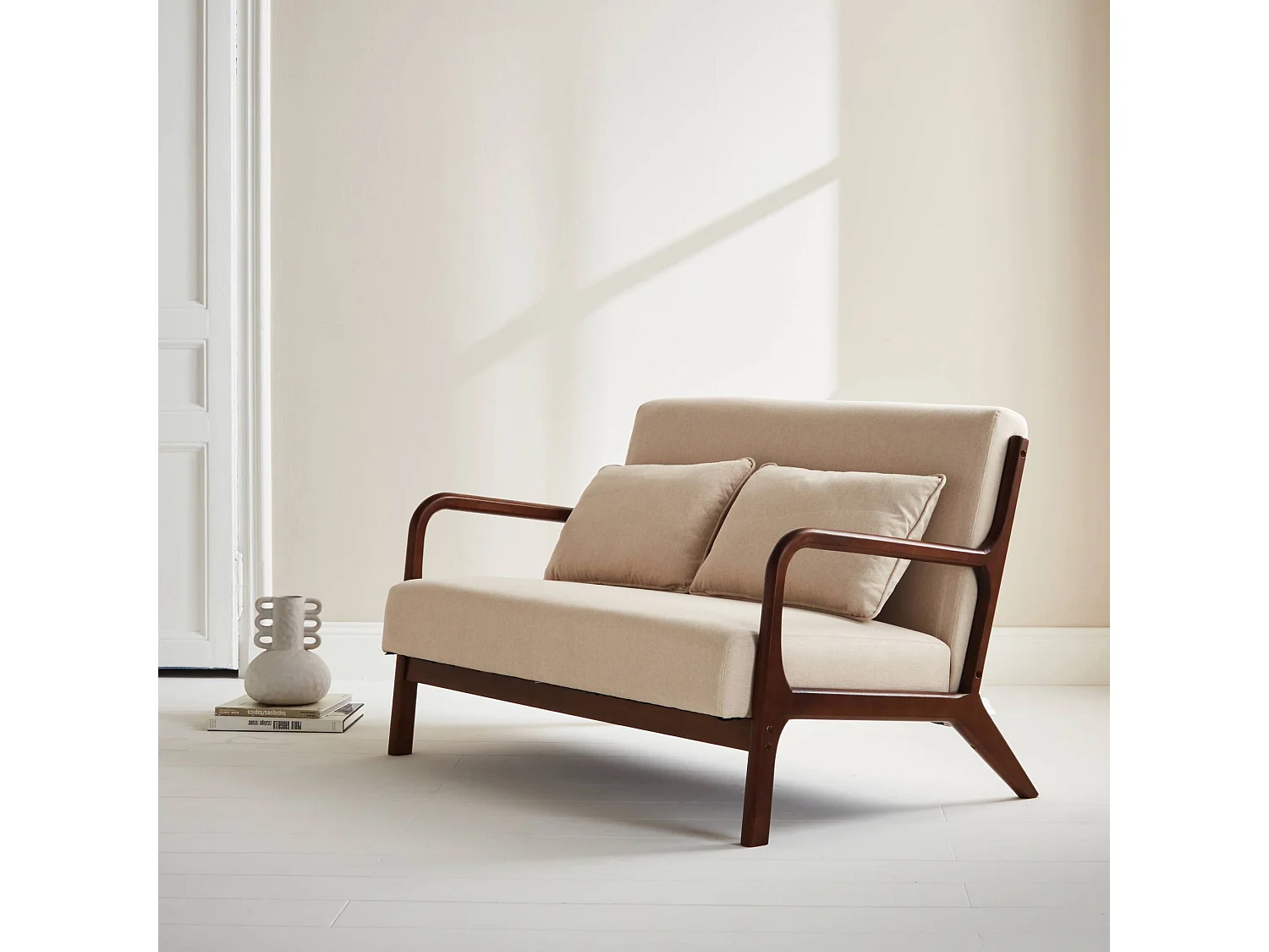 Panca scandinava in legno di hevea e tessuto 2 posti, beige