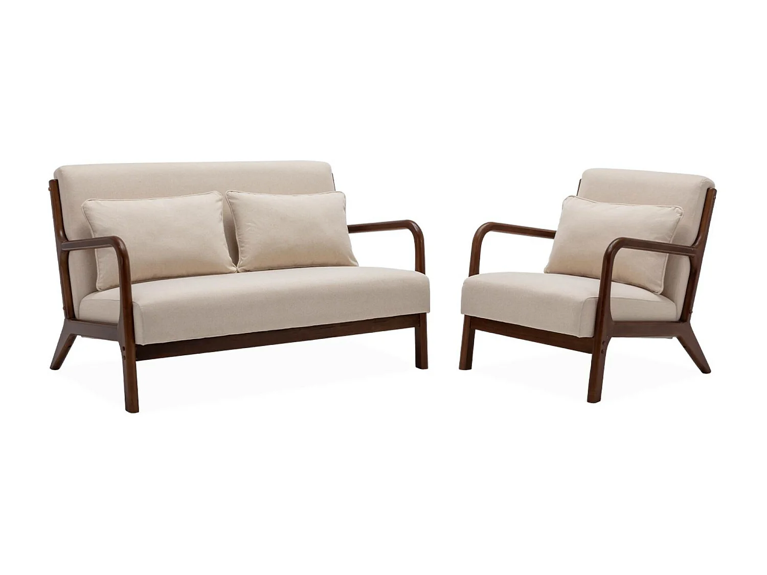 Panca scandinava in legno di hevea e tessuto 2 posti, beige