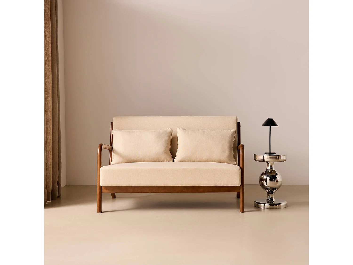 Panca stile scandinavo in legno di hevea e tessuto, 2 posti, beige