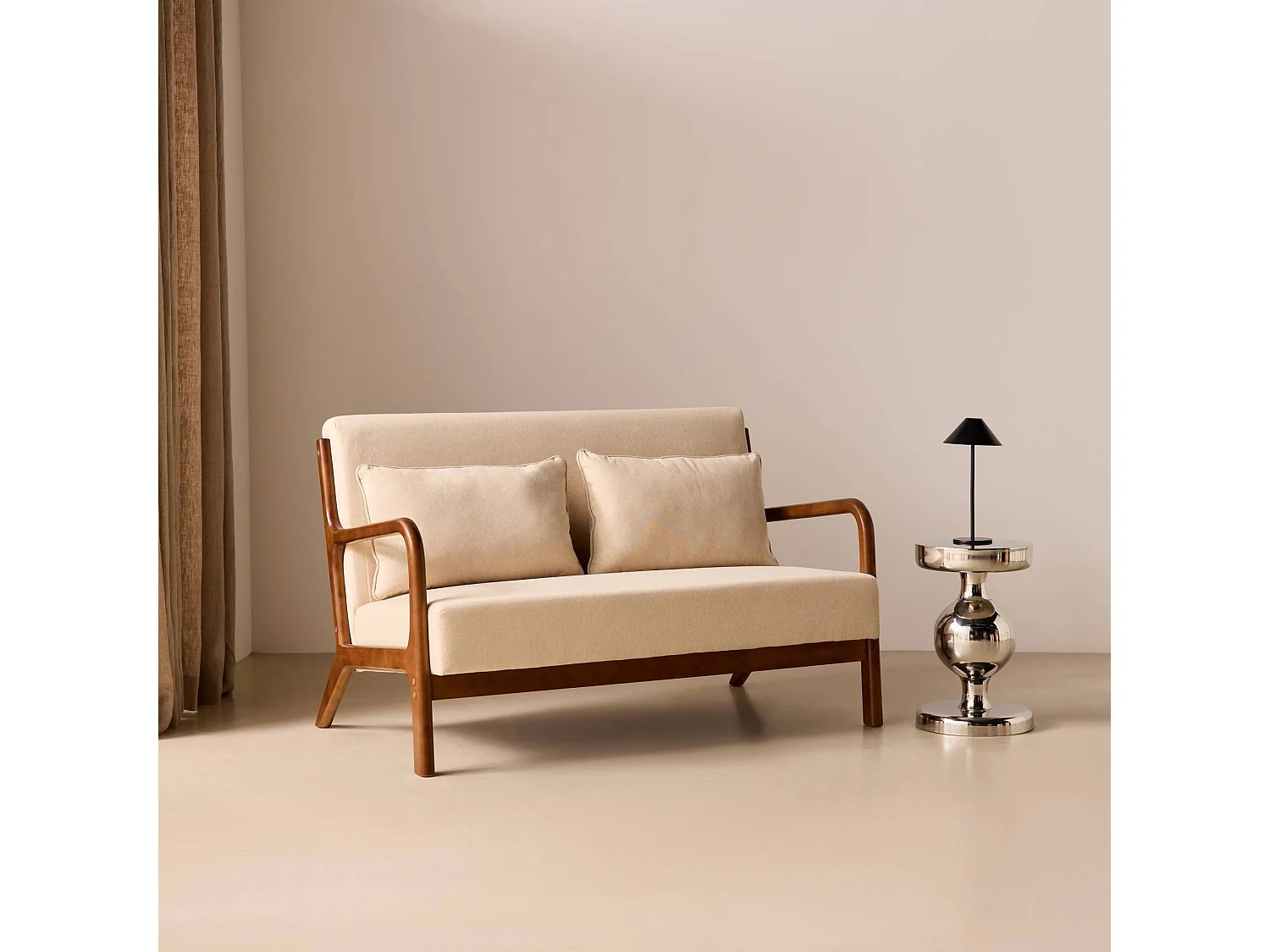 Panca stile scandinavo in legno di hevea e tessuto, 2 posti, beige