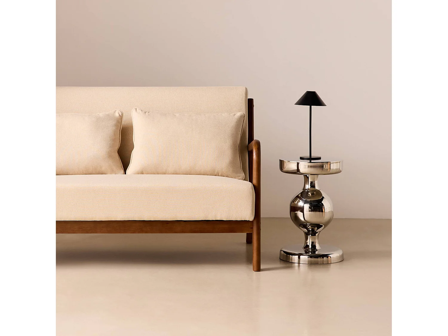 Panca stile scandinavo in legno di hevea e tessuto, 2 posti, beige
