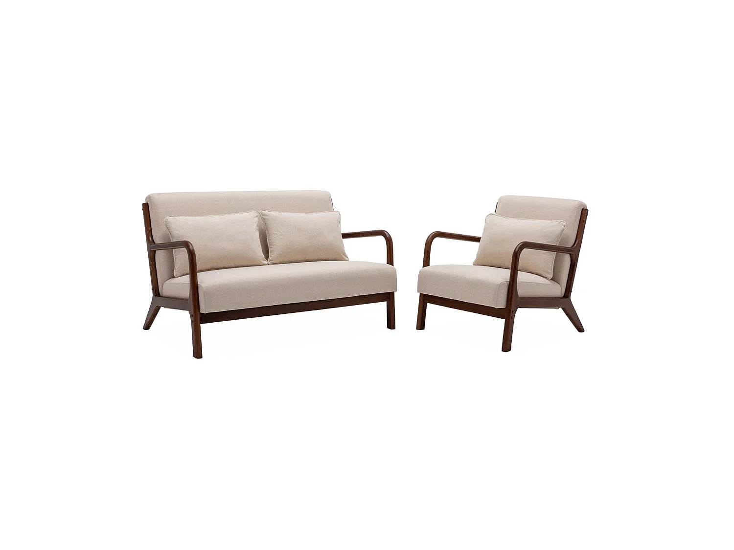 Panca stile scandinavo in legno di hevea e tessuto, 2 posti, beige