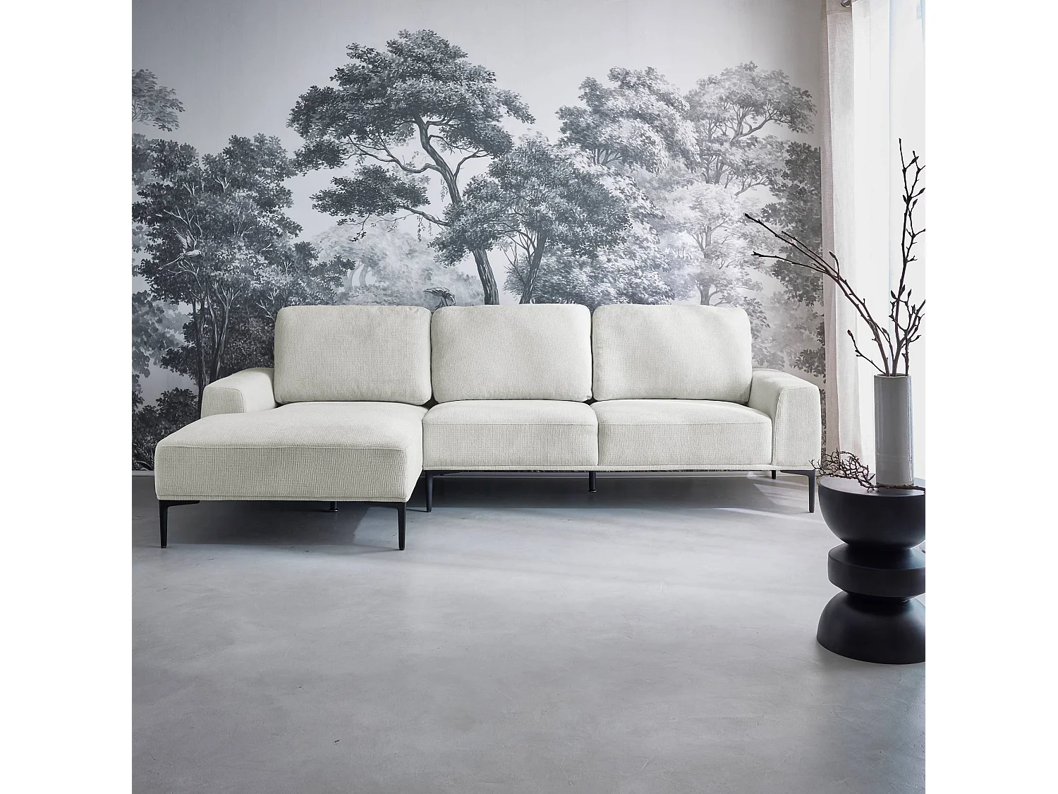 Canapé 3 places blanc crème angle gauche et structure / piètement métal noir