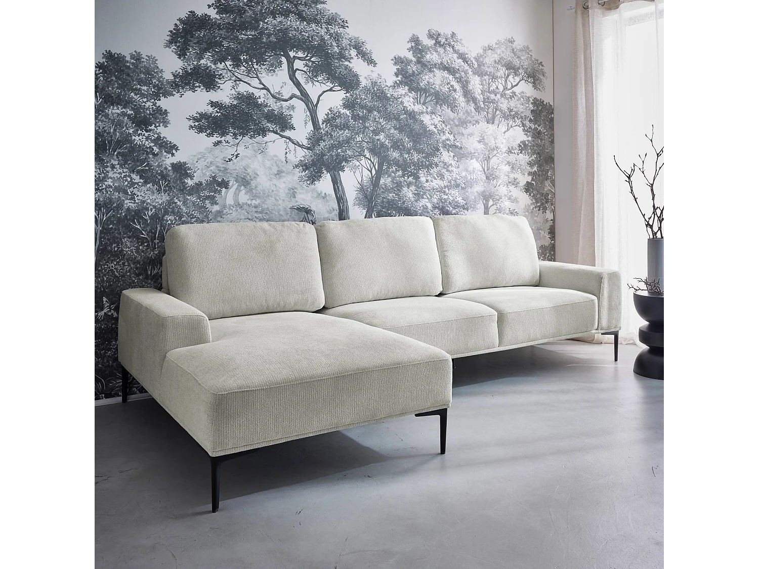 Sofá de 3 plazas de tela y metal, esquina izquierda crema