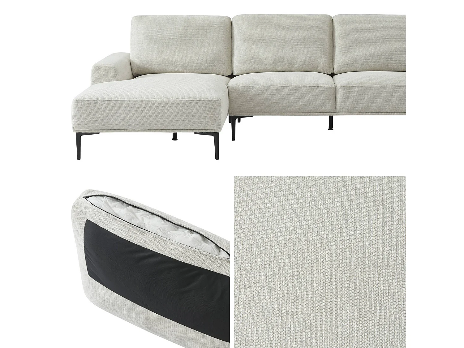 Sofá de 3 plazas de tela y metal, esquina izquierda crema