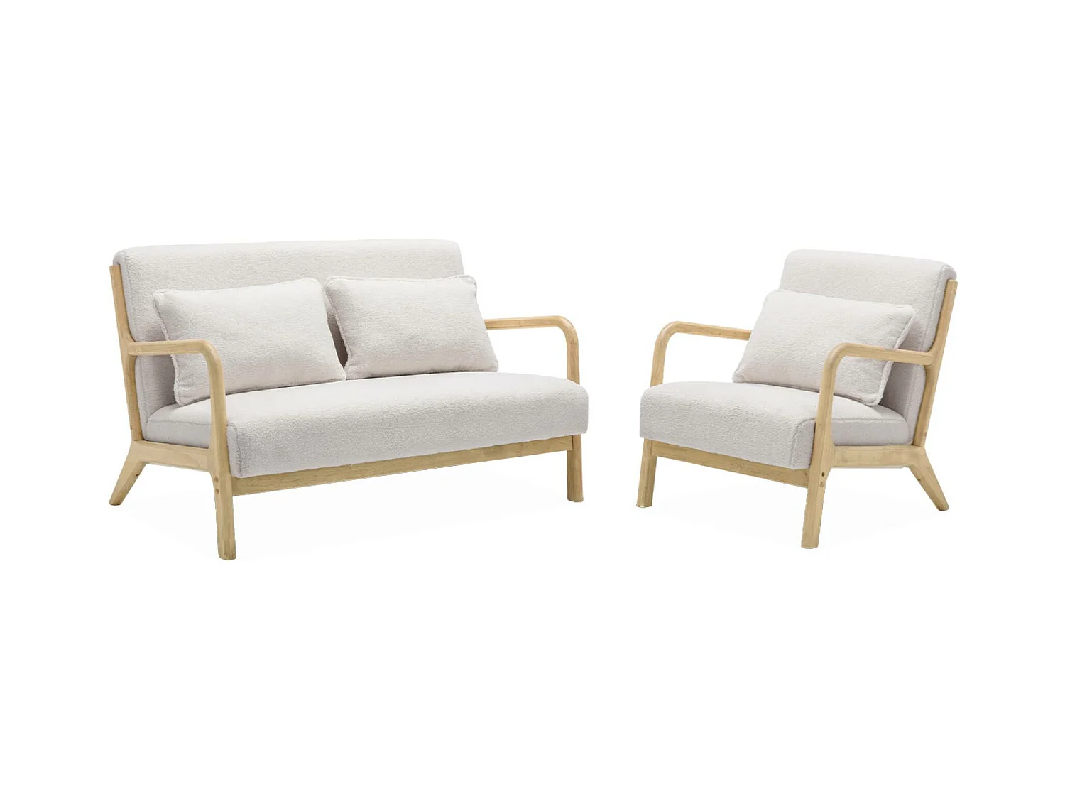 Banquette 2 places + Fauteuil en bois et tissu bouclette