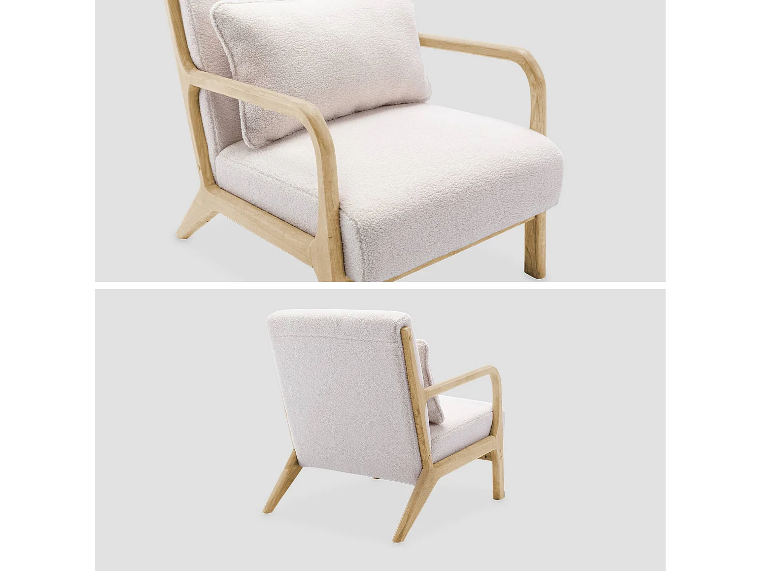 Banquette 2 places + Fauteuil en bois et tissu bouclette