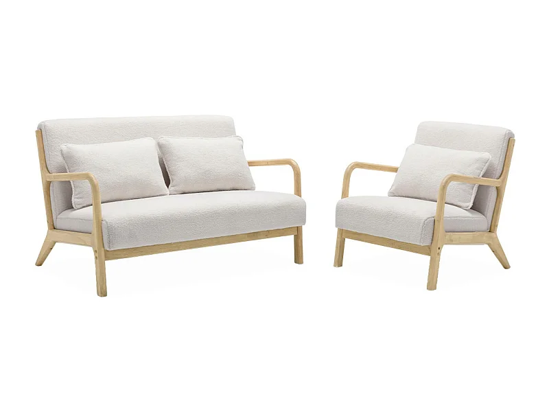 Banco de 2 plazas + sillón de madera con borreguito crema