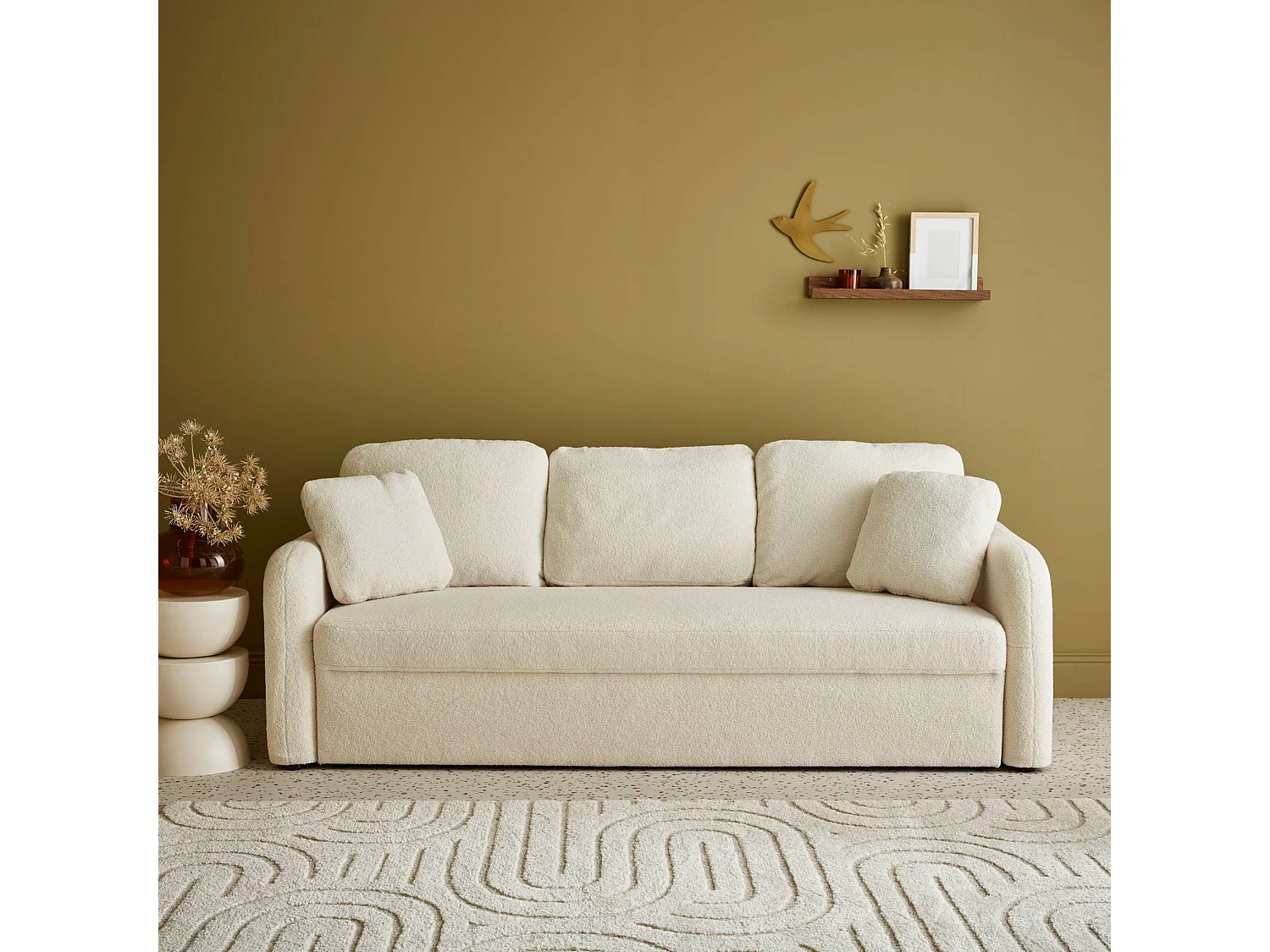 Canapé 3 places cosy rond. tissu bouclettes crème. Milano. L 210 x P 85 x H 85cm