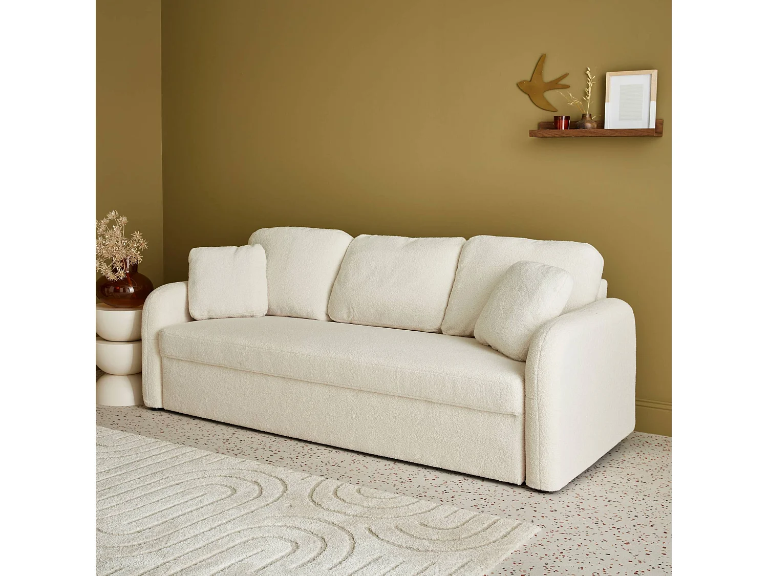 Canapé 3 places cosy rond. tissu bouclettes crème. Milano. L 210 x P 85 x H 85cm